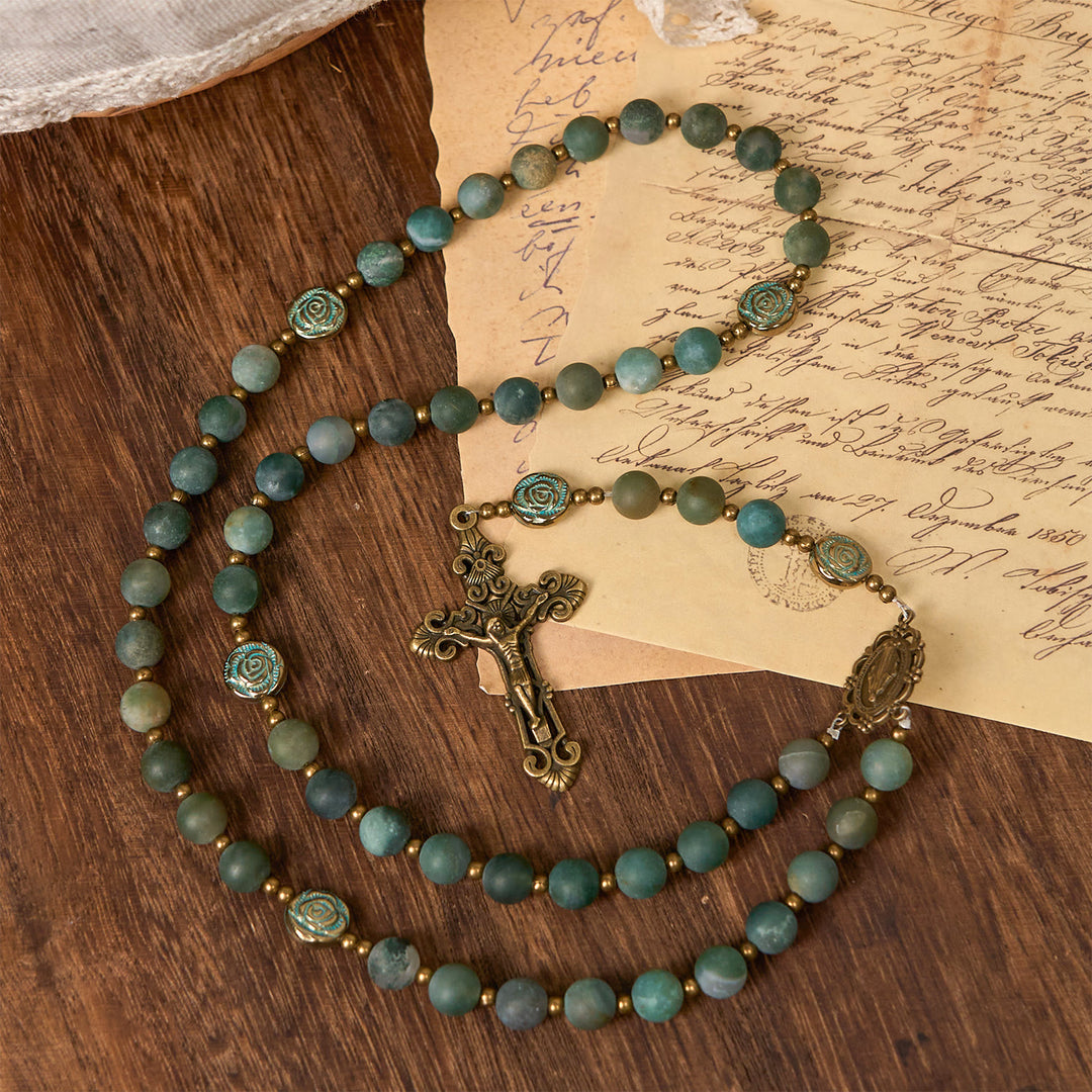 Christianartworkshop Green Agate Prayer Rosary with Bronze Rose Accents: A Sacred Journey of Healing and Faith - image 4