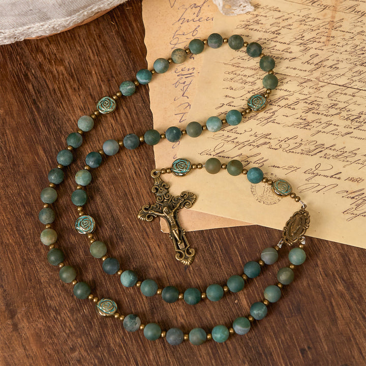 Christianartworkshop Green Agate Prayer Rosary with Bronze Rose Accents: A Sacred Journey of Healing and Faith - image 3