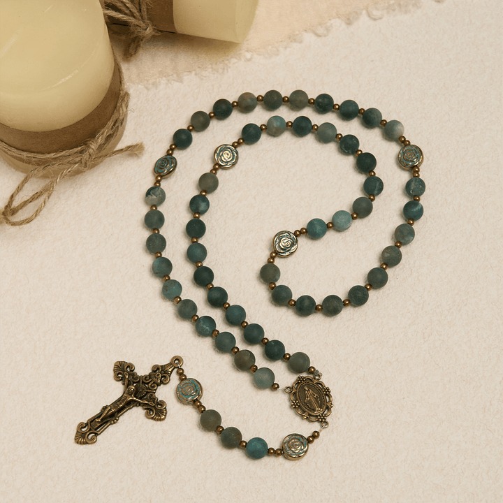 Christianartworkshop Green Agate Prayer Rosary with Bronze Rose Accents: A Sacred Journey of Healing and Faith - image 7