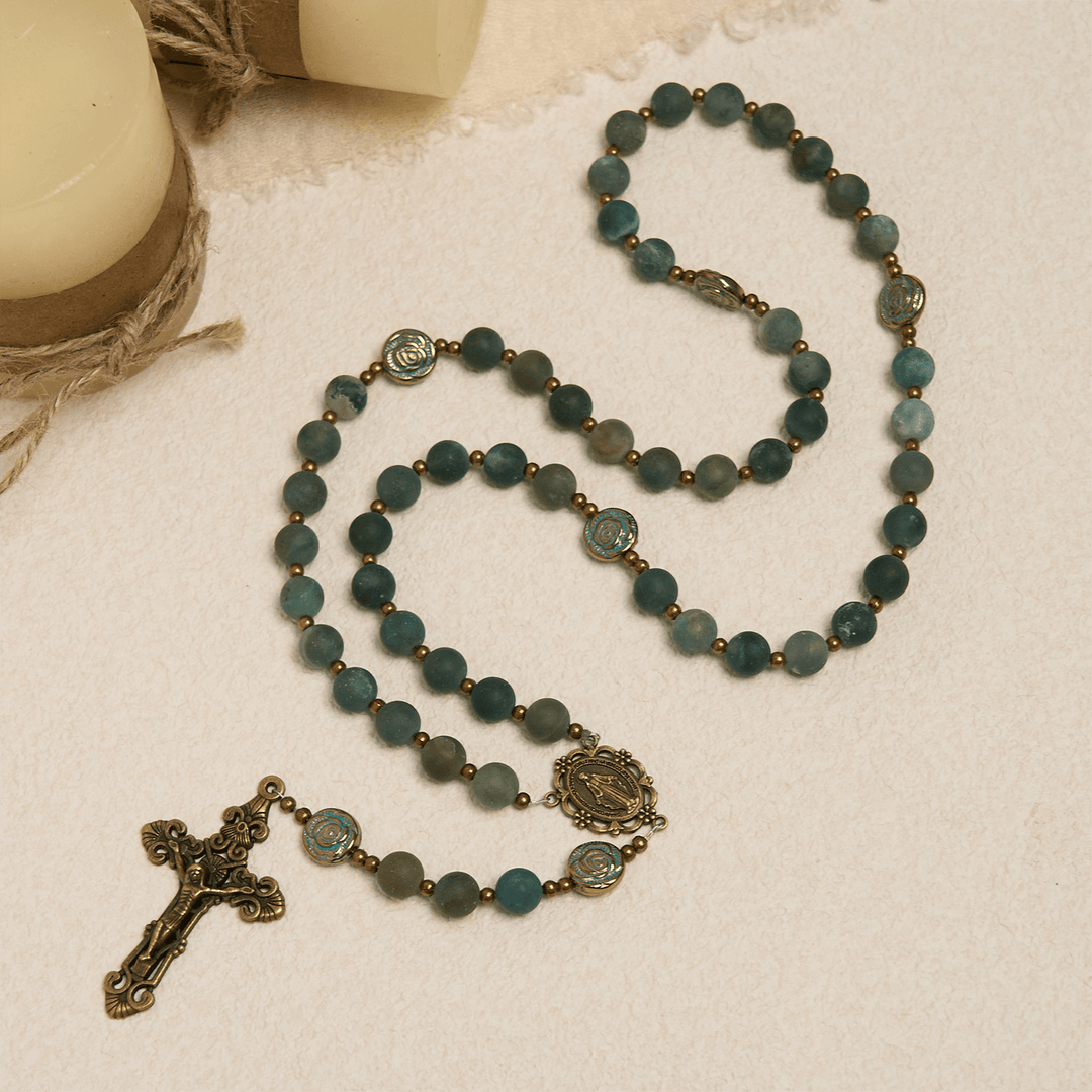Christianartworkshop Green Agate Prayer Rosary with Bronze Rose Accents: A Sacred Journey of Healing and Faith - image 5