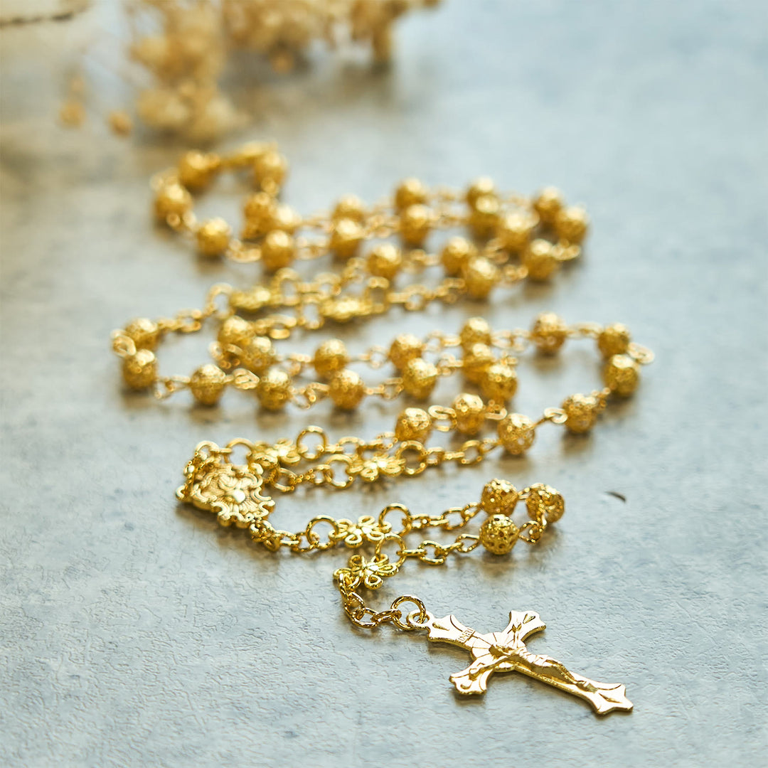 Christianartworkshop Sacred Heart of Jesus & Crucifix of 6mm Golden Metal Ball Flower Rosary - image 5
