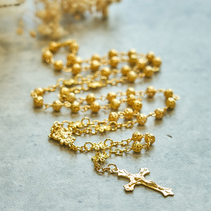 Christianartworkshop Sacred Heart of Jesus & Crucifix of 6mm Golden Metal Ball Flower Rosary - image 5