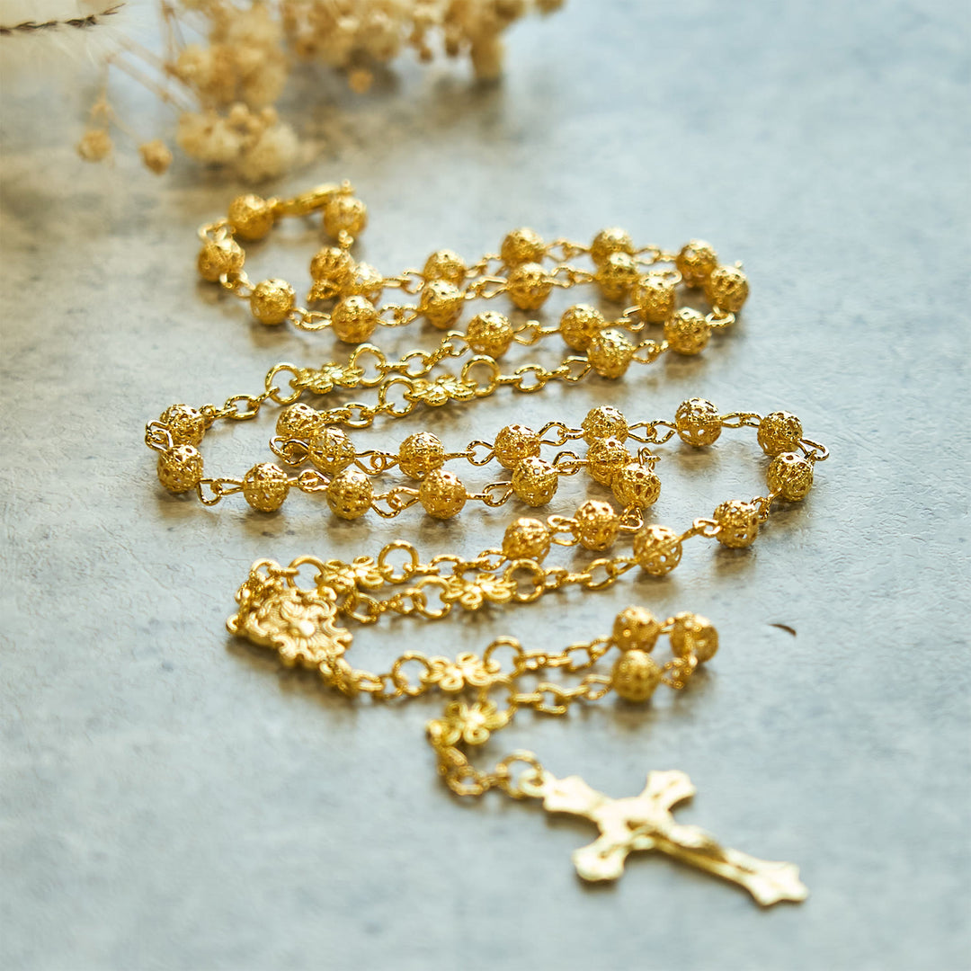 Christianartworkshop Sacred Heart of Jesus & Crucifix of 6mm Golden Metal Ball Flower Rosary - image 5