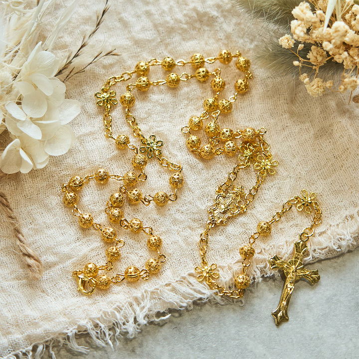 Christianartworkshop Sacred Heart of Jesus & Crucifix of 6mm Golden Metal Ball Flower Rosary - image 7