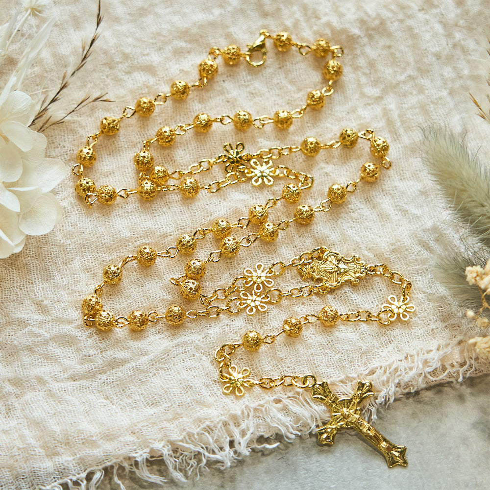Christianartworkshop Sacred Heart of Jesus & Crucifix of 6mm Golden Metal Ball Flower Rosary - image 2