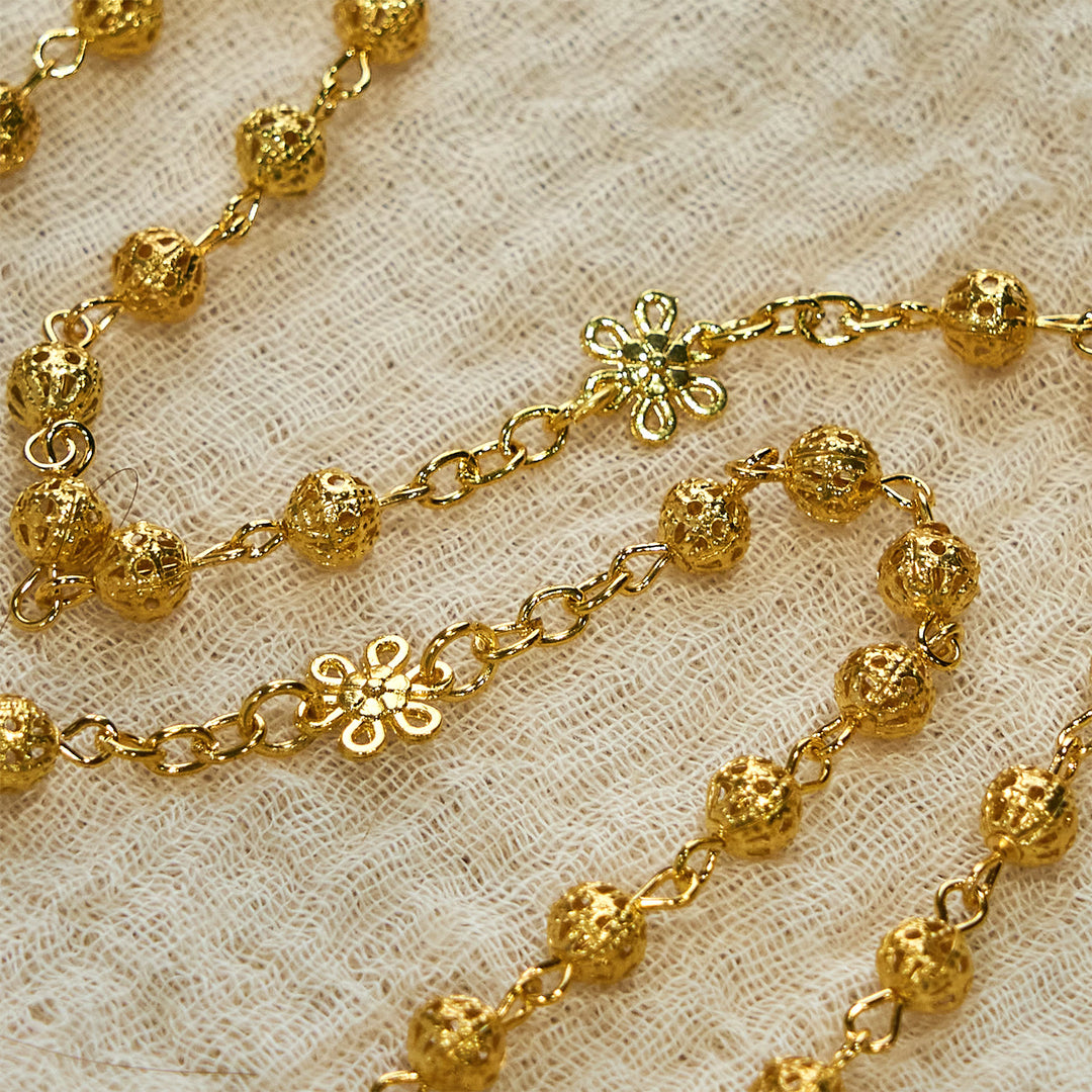 Christianartworkshop Sacred Heart of Jesus & Crucifix of 6mm Golden Metal Ball Flower Rosary - image 3