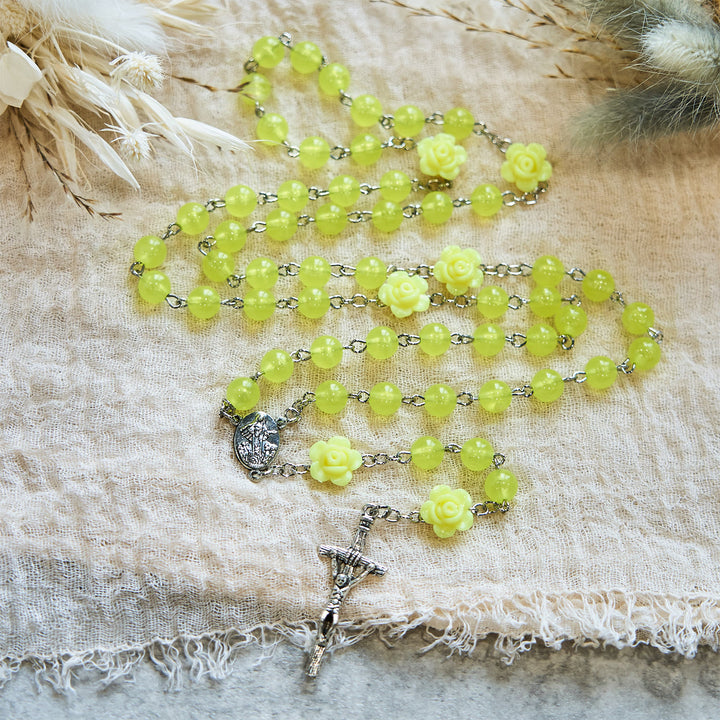 Christianartworkshop Spring Light Yellow Bead Rosary with Rose Accents: Mary's Blessing in Every Prayer - image 1