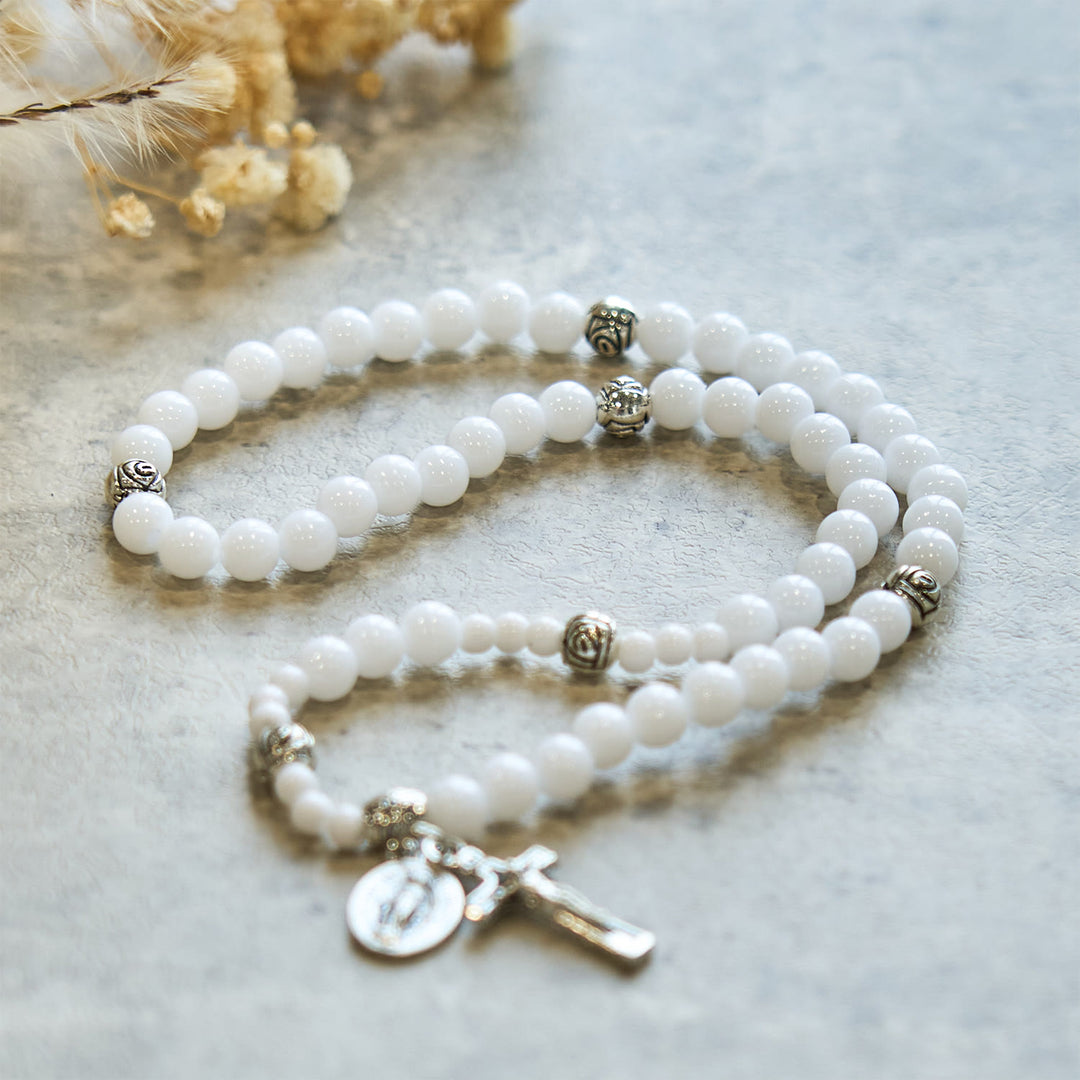 Christianartworkshop 6mm White Bead Miraculous Medal & Crucifix Rosary Bracelet: A Symbol of Faith - image 9