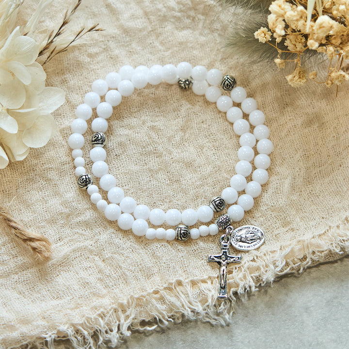 Christianartworkshop 6mm White Bead Miraculous Medal & Crucifix Rosary Bracelet: A Symbol of Faith - image 3
