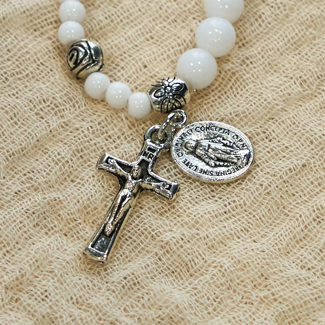 Christianartworkshop 6mm White Bead Miraculous Medal & Crucifix Rosary Bracelet: A Symbol of Faith - image 4