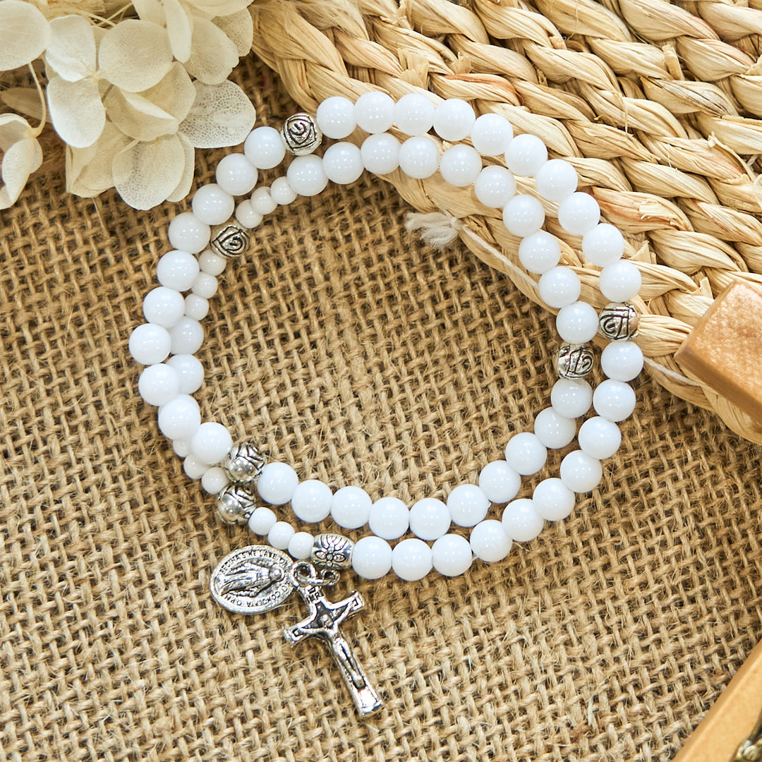 Christianartworkshop 6mm White Bead Miraculous Medal & Crucifix Rosary Bracelet: A Symbol of Faith - Crucifix & Miraculous Medal - image 1