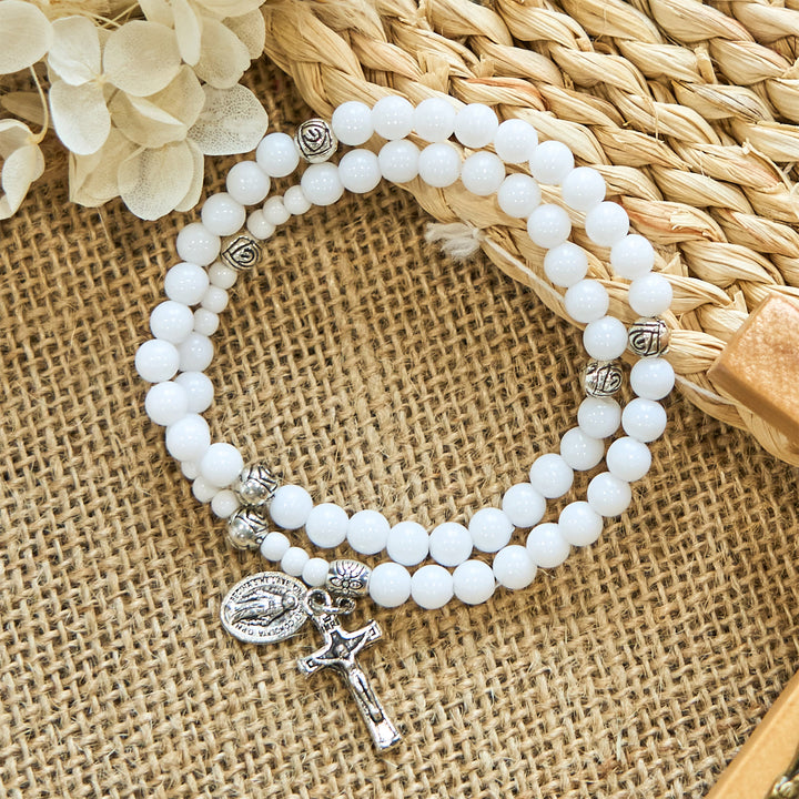 Christianartworkshop 6mm White Bead Miraculous Medal & Crucifix Rosary Bracelet: A Symbol of Faith - Crucifix & Miraculous Medal - image 1