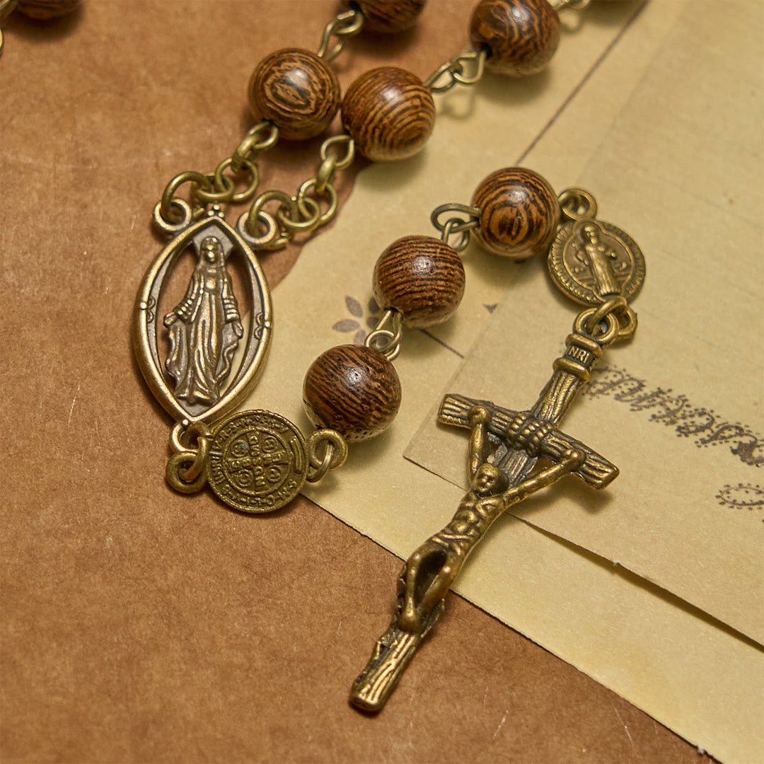 Christianartworkshop Miraculous Medal & Crucifix St. Benedict Medal 8mm Wooden Beads Rosary - image 3