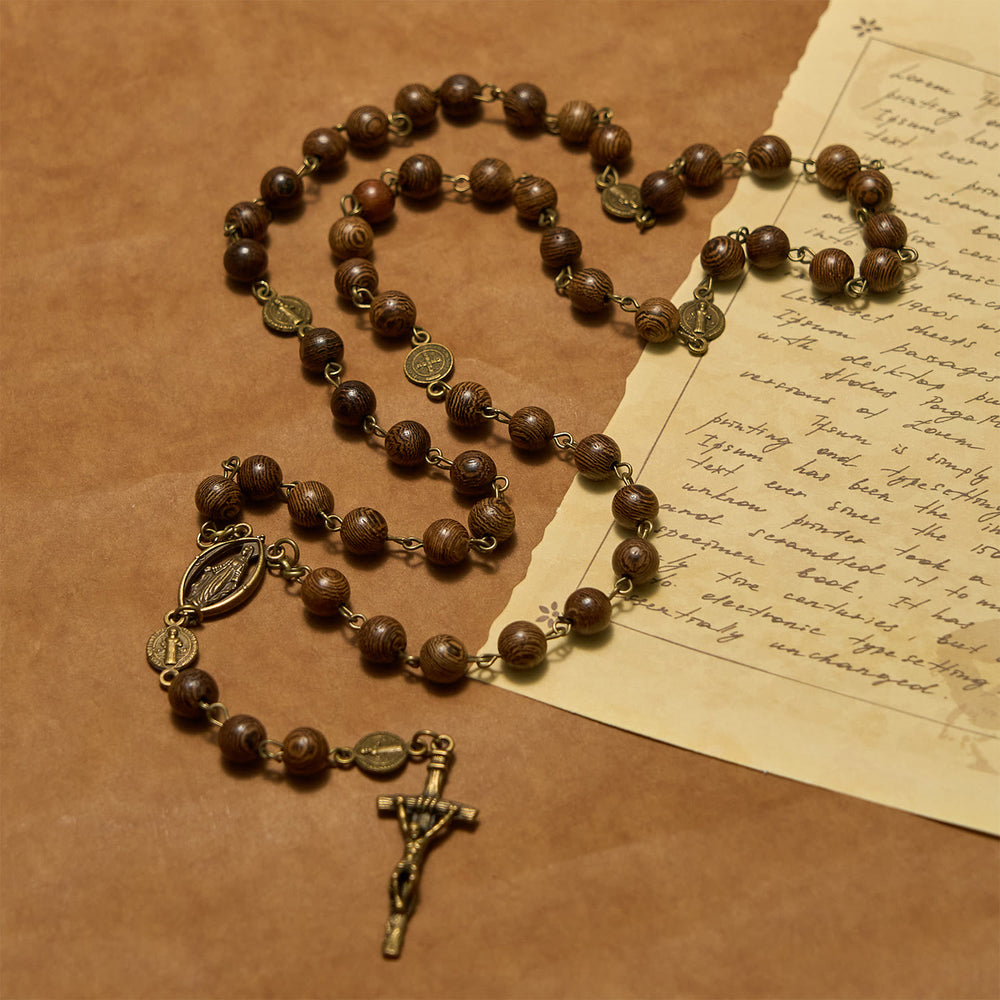 Christianartworkshop Miraculous Medal & Crucifix St. Benedict Medal 8mm Wooden Beads Rosary - image 2