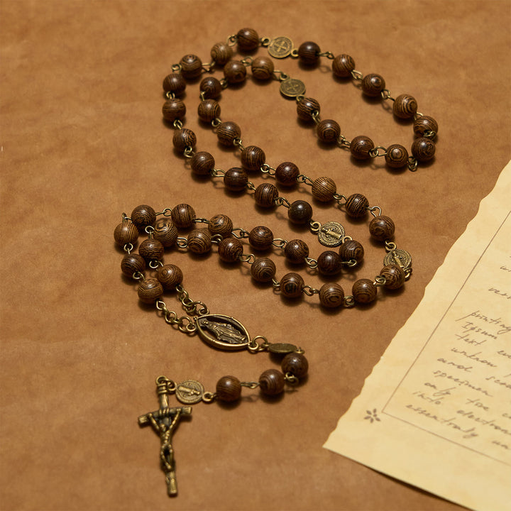 Christianartworkshop Miraculous Medal & Crucifix St. Benedict Medal 8mm Wooden Beads Rosary - image 6