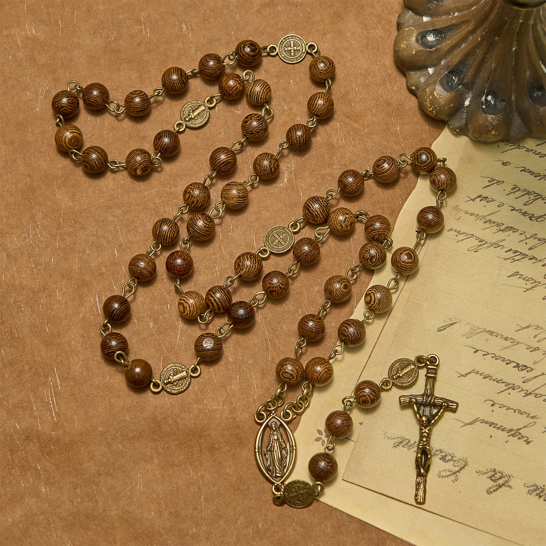 Christianartworkshop Miraculous Medal & Crucifix St. Benedict Medal 8mm Wooden Beads Rosary - Wooden Beads - image 1