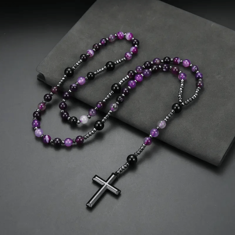 Christianartworkshop 8mm Purple Agate Natural Stone Cross Rosary - image 2