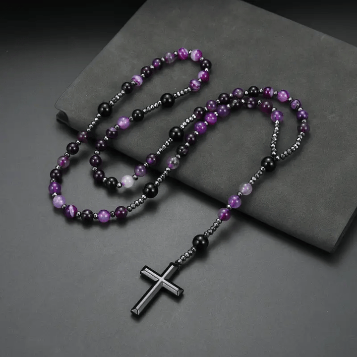 Christianartworkshop 8mm Purple Agate Natural Stone Cross Rosary - image 2