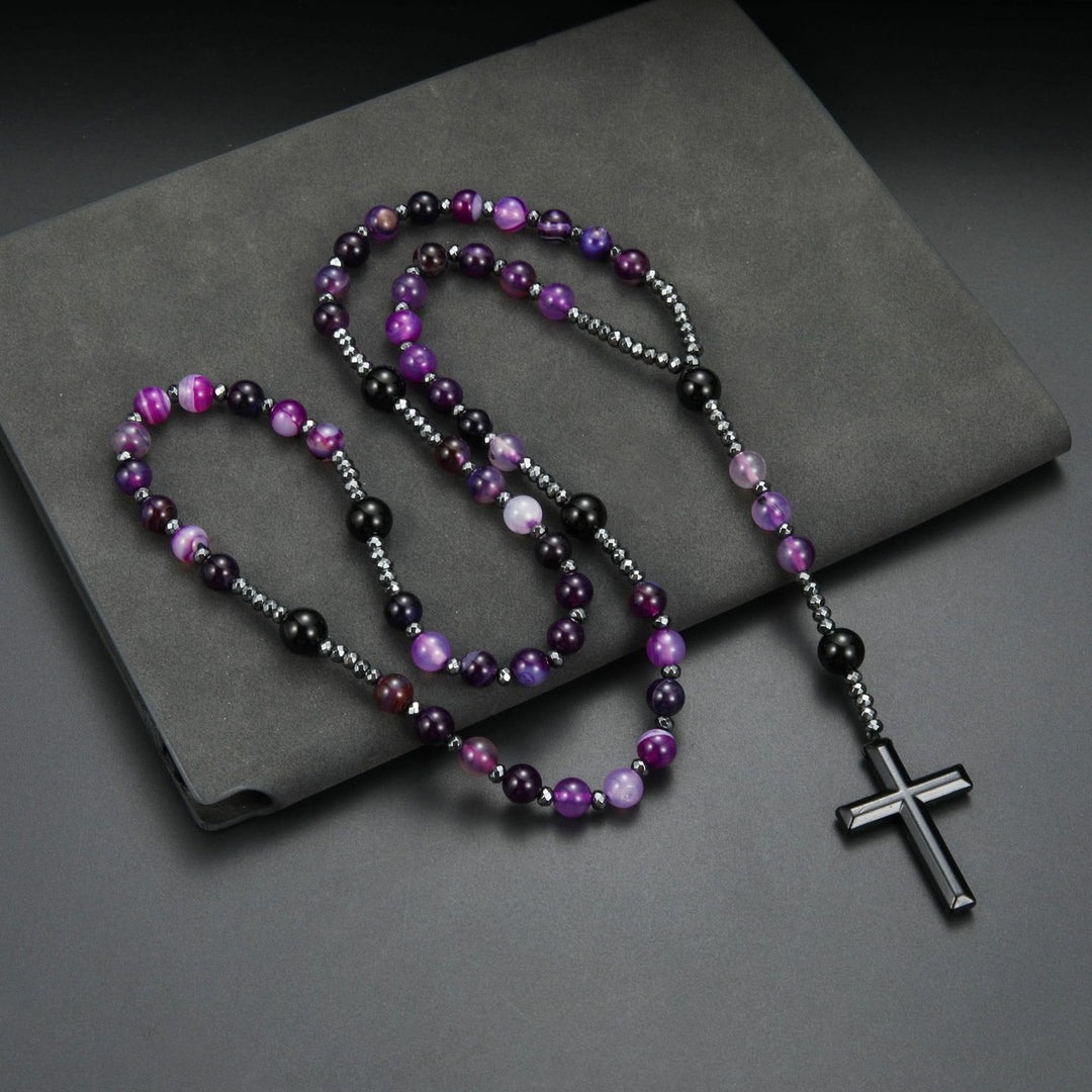 Christianartworkshop 8mm Purple Agate Natural Stone Cross Rosary - image 1