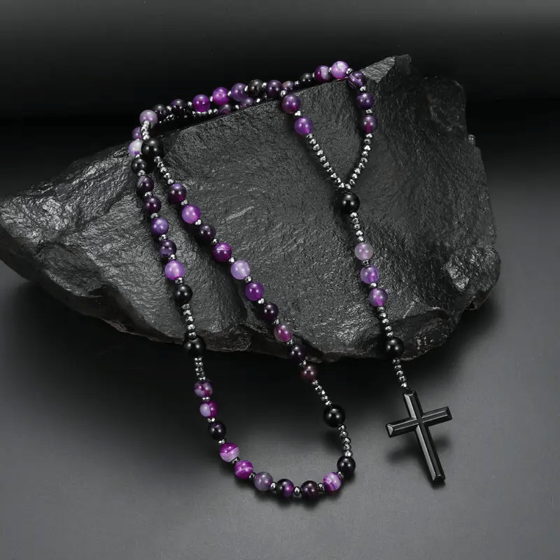 Christianartworkshop 8mm Purple Agate Natural Stone Cross Rosary - Purple Agate - image 0