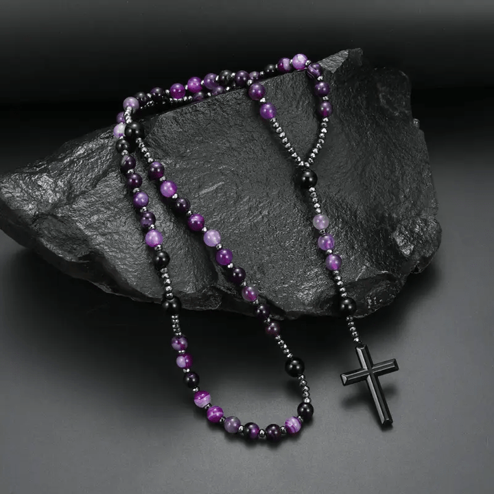 Christianartworkshop 8mm Purple Agate Natural Stone Cross Rosary - Purple Agate - image 0