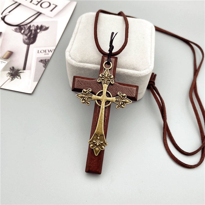 Christianartworkshop Vintage Double Wood Metal Cross Necklace - 棕色 - image 1