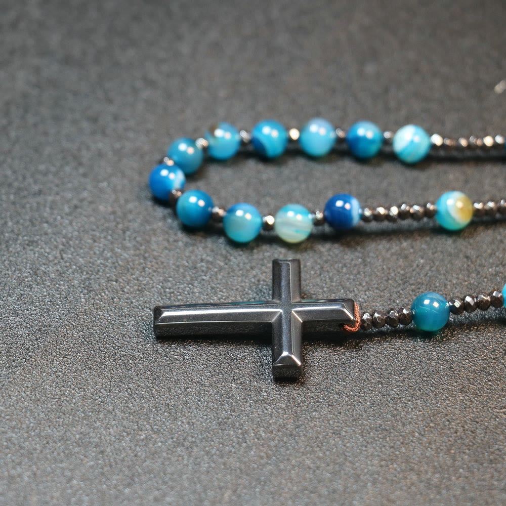 Christianartworkshop 8mm Striped Blue Agate Natural Stone Beads Iron Gallstone Cross Rosary - image 3