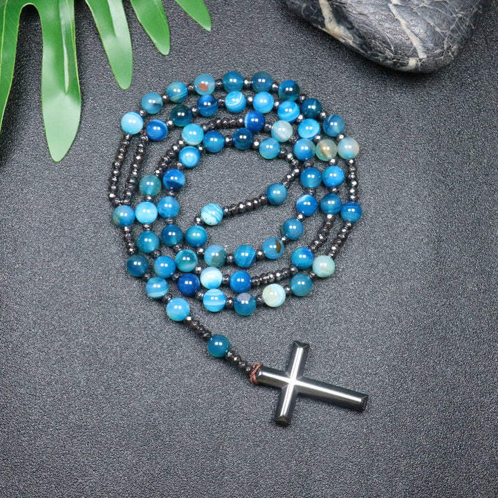 Christianartworkshop 8mm Striped Blue Agate Natural Stone Beads Iron Gallstone Cross Rosary - Striped Blue Agate - image 0