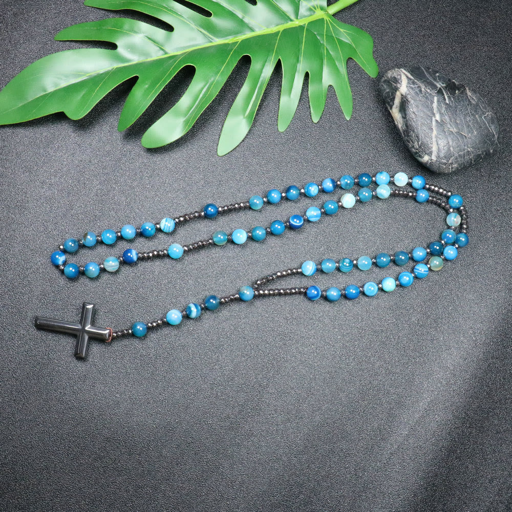 Christianartworkshop 8mm Striped Blue Agate Natural Stone Beads Iron Gallstone Cross Rosary - image 1