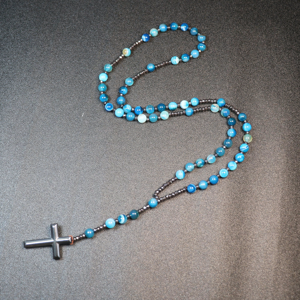 Christianartworkshop 8mm Striped Blue Agate Natural Stone Beads Iron Gallstone Cross Rosary - image 2