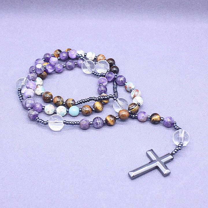 Christianartworkshop 8mm Natural Amethyst Tiger Eye Stone Agate Cross Rosary - image 2