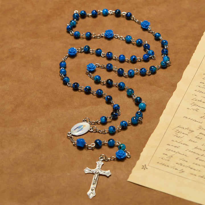 Christianartworkshop Royal Blue Stone Beads Rose of Miraculous Medal & Crucifix Prayer Rosary - image 6