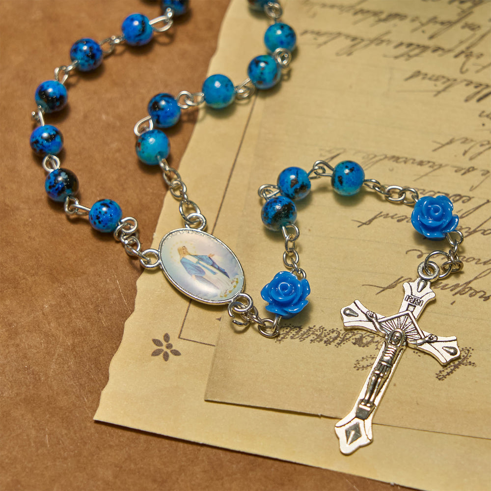 Christianartworkshop Royal Blue Stone Beads Rose of Miraculous Medal & Crucifix Prayer Rosary - image 2