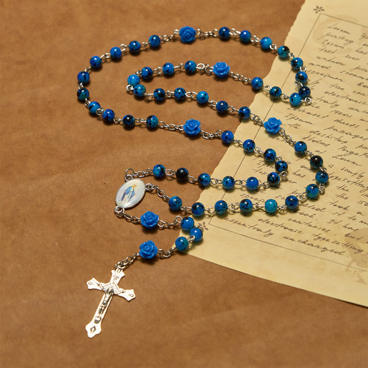 Christianartworkshop Royal Blue Stone Beads Rose of Miraculous Medal & Crucifix Prayer Rosary - image 2