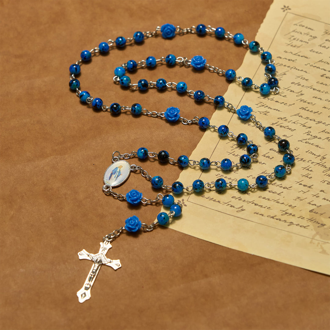 Christianartworkshop Royal Blue Stone Beads Rose of Miraculous Medal & Crucifix Prayer Rosary - image 3