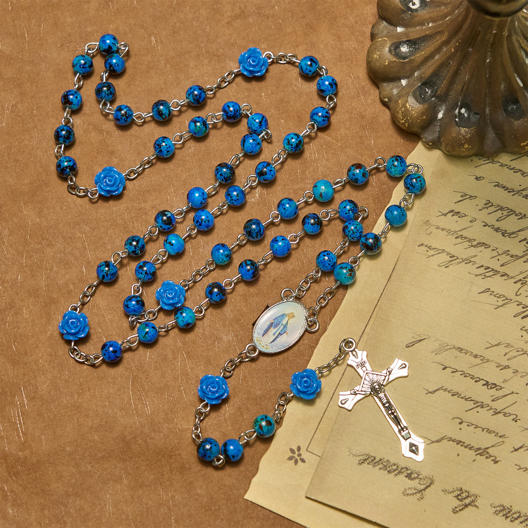 Christianartworkshop Royal Blue Stone Beads Rose of Miraculous Medal & Crucifix Prayer Rosary - Royal Blue - image 1