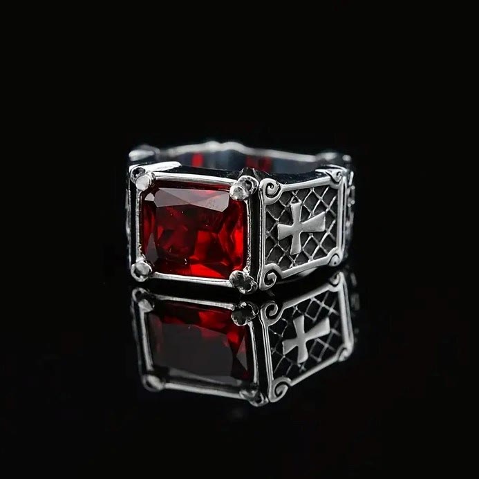 Christianartworkshop Red & Black Gemstone Cross - Embellished Couple Ring: A Symbol of Faith and Style - image 3