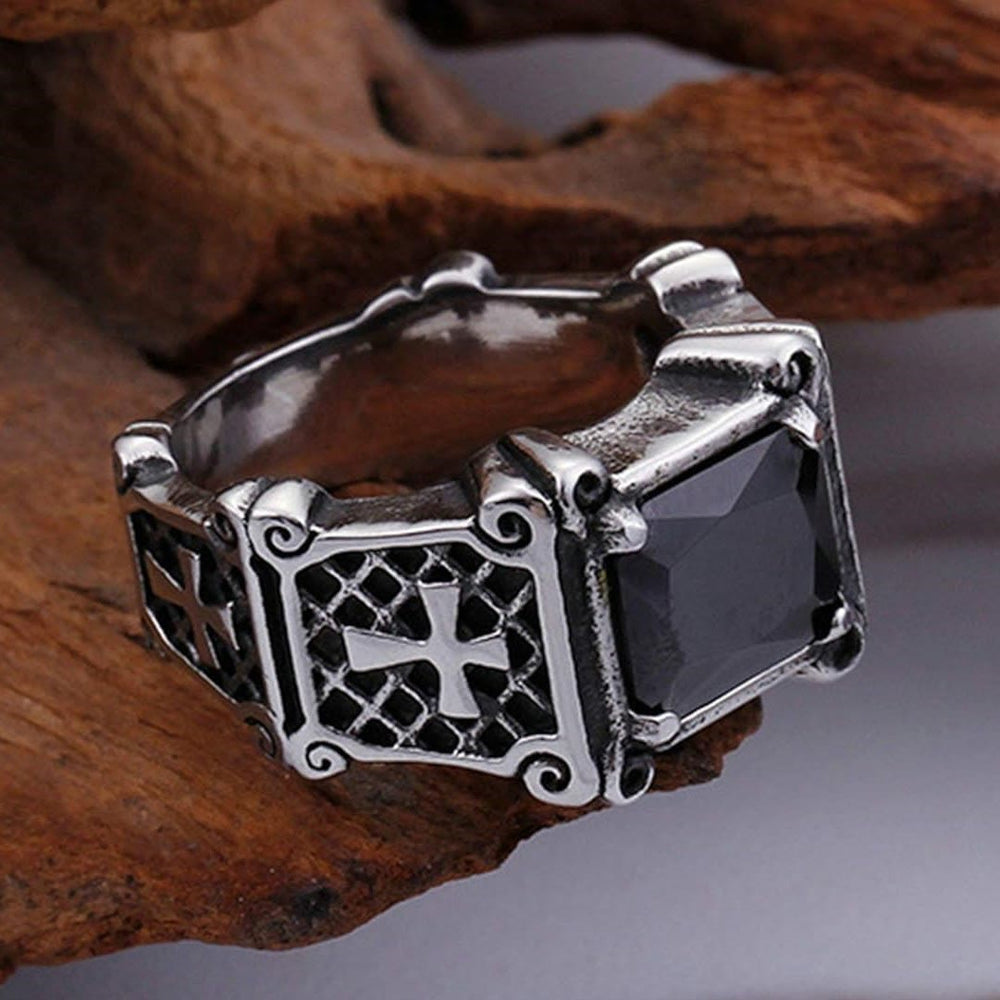 Christianartworkshop Red & Black Gemstone Cross - Embellished Couple Ring: A Symbol of Faith and Style - Black - US14 - image 2