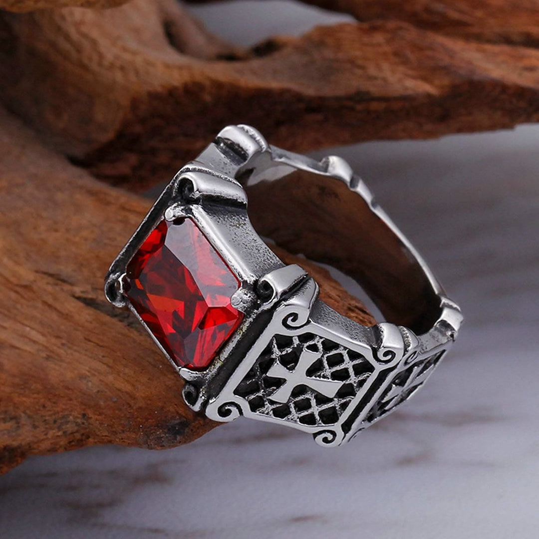 Christianartworkshop Red & Black Gemstone Cross - Embellished Couple Ring: A Symbol of Faith and Style - Red - US14 - image 1