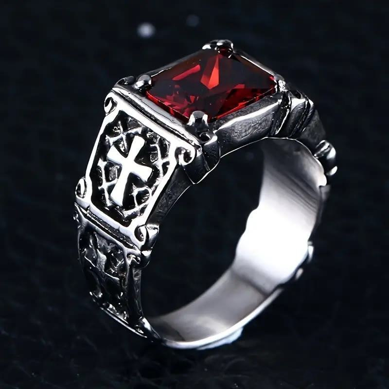 Christianartworkshop Red & Black Gemstone Cross - Embellished Couple Ring: A Symbol of Faith and Style - image 7