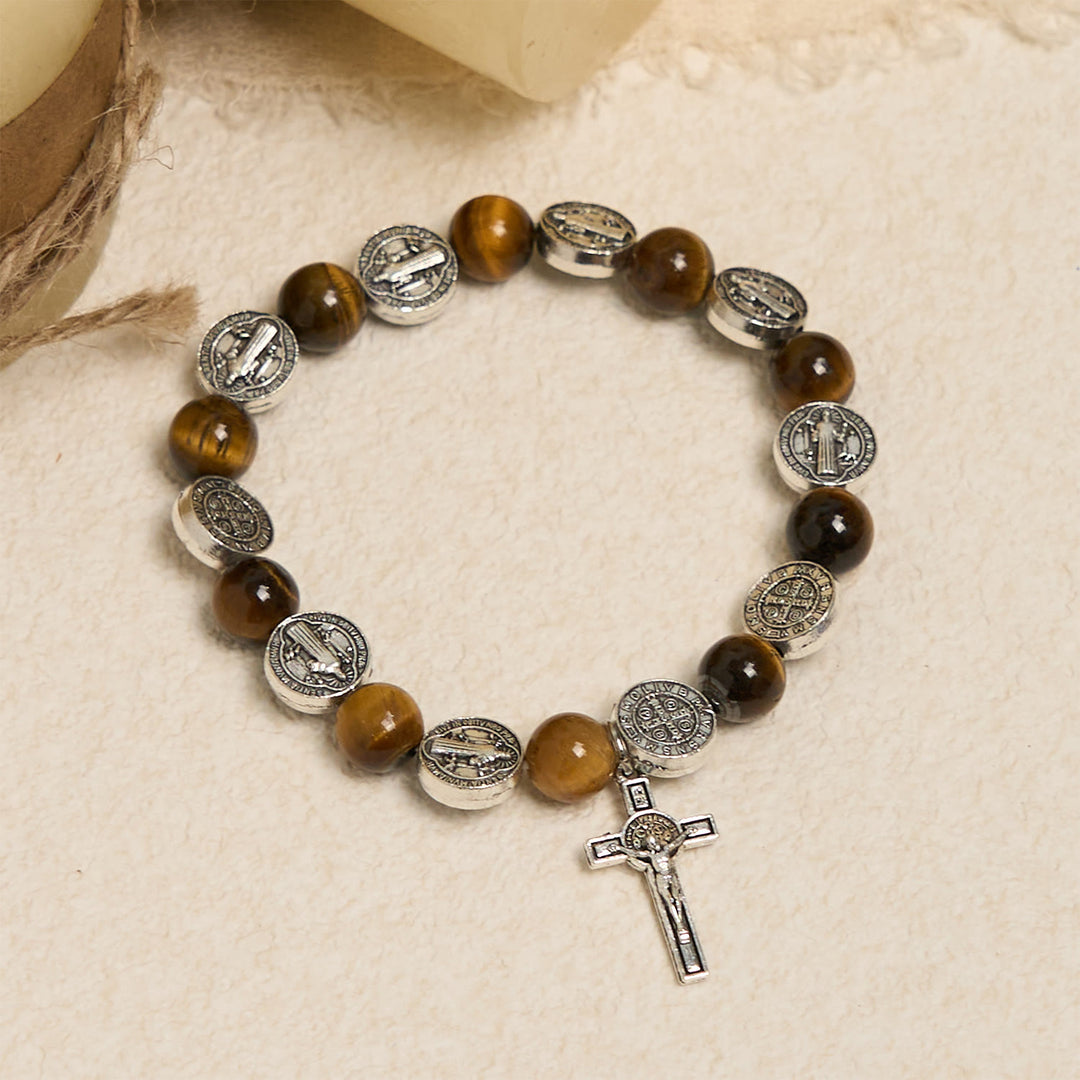 Christianartworkshop St. Benedict Symbol Tiger's Eye Bracelet: A Blend of Faith and Beauty - image 1
