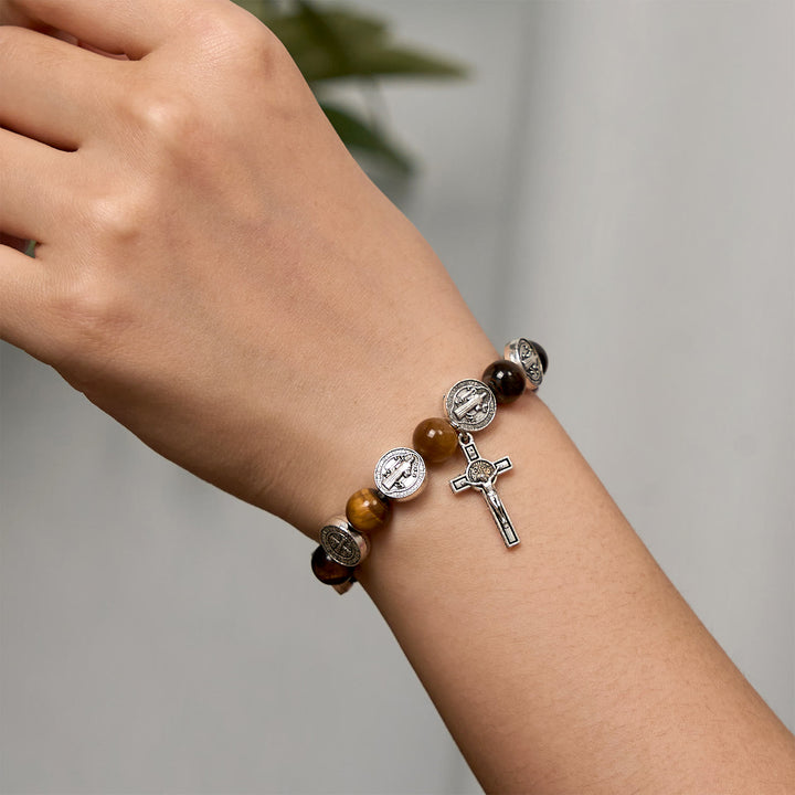 Christianartworkshop St. Benedict Symbol Tiger's Eye Bracelet: A Blend of Faith and Beauty - image 3