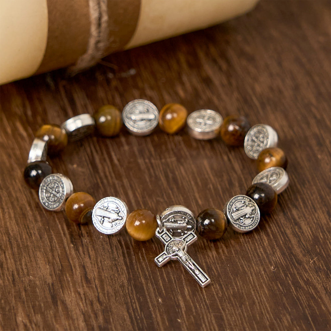 Christianartworkshop St. Benedict Symbol Tiger's Eye Bracelet: A Blend of Faith and Beauty - Tiger Eyes Stone - image 1
