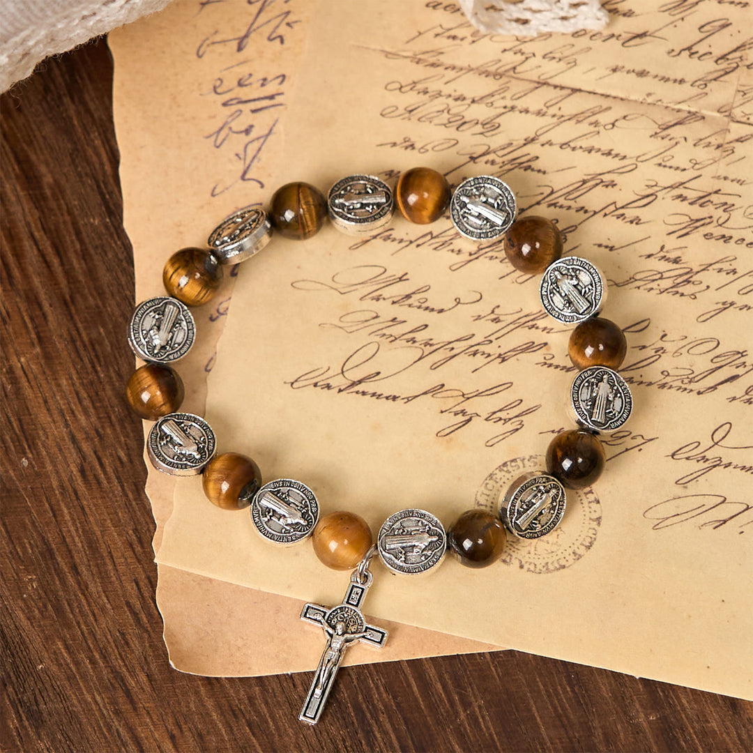 Christianartworkshop St. Benedict Symbol Tiger's Eye Bracelet: A Blend of Faith and Beauty - image 3