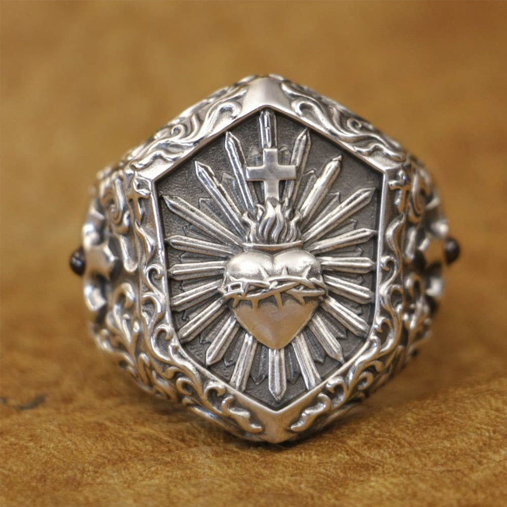 Christianartworkshop Vintage 925 Sterling Silver Thorned Heart Cross Ring: A Treasured Token of Spiritual Love - US15 - image 0