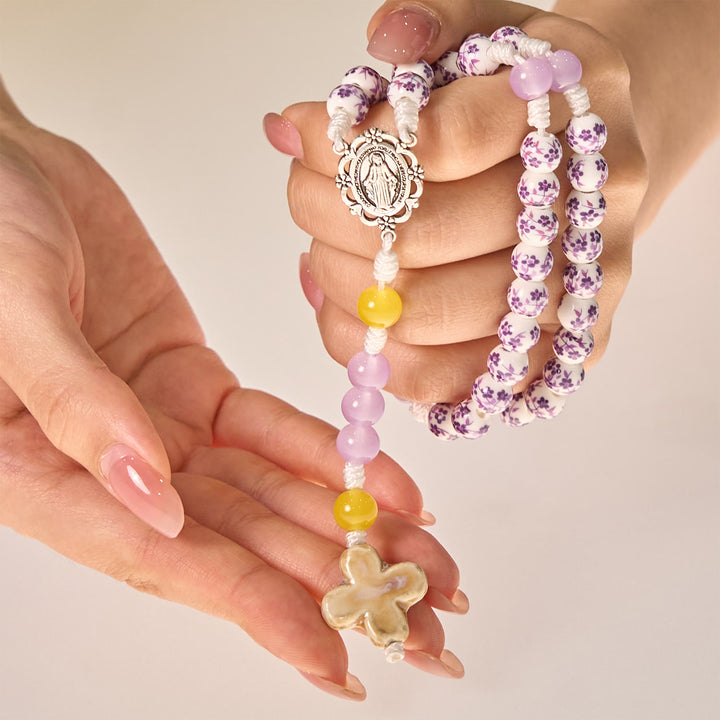 Christianartworkshop Miraculous Medal & Cross of 8mm Flower Ceramic Beads Handmade Rosary for Holy Prayer
