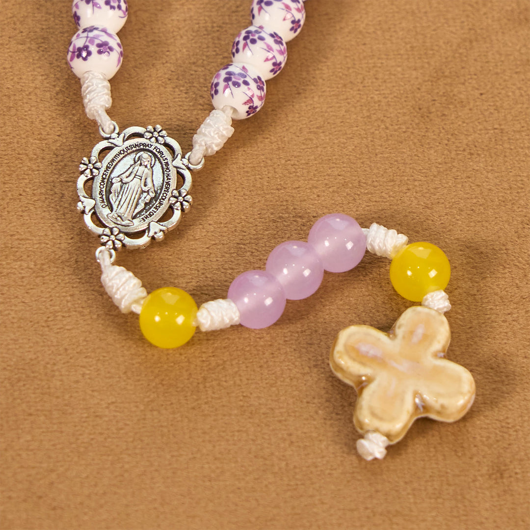 Christianartworkshop Miraculous Medal & Cross of 8mm Flower Ceramic Beads Handmade Rosary for Holy Prayer
