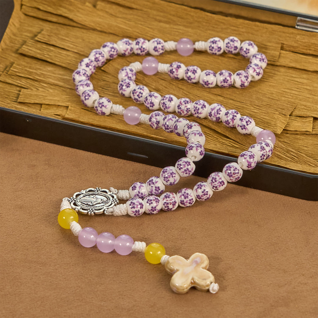 Christianartworkshop Miraculous Medal & Cross of 8mm Flower Ceramic Beads Handmade Rosary for Holy Prayer