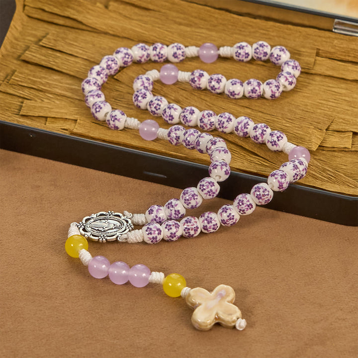 Christianartworkshop Miraculous Medal & Cross of 8mm Flower Ceramic Beads Handmade Rosary for Holy Prayer