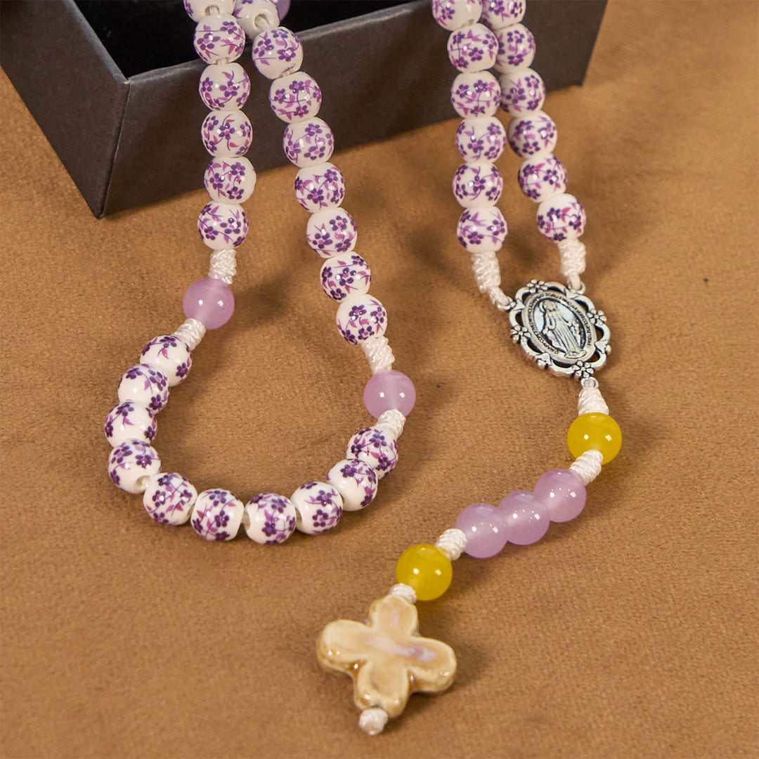 Christianartworkshop Miraculous Medal & Cross of 8mm Flower Ceramic Beads Handmade Rosary for Holy Prayer